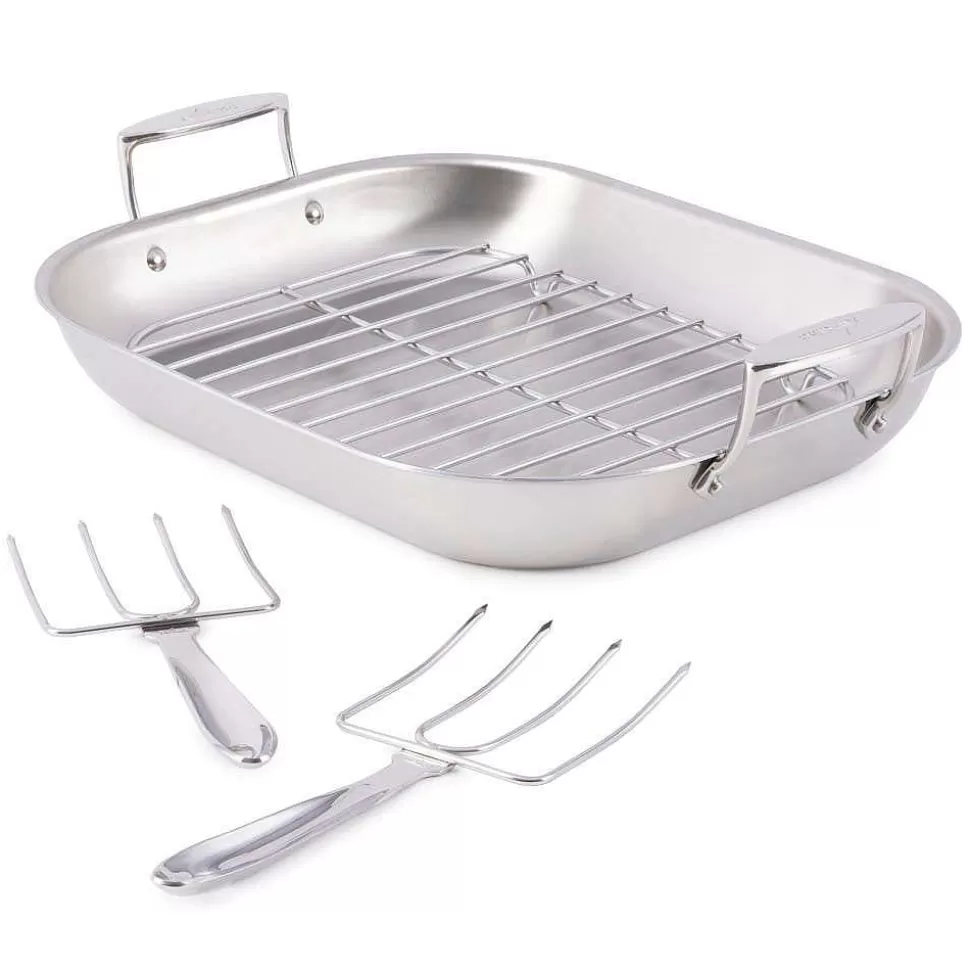 All-Clad Roasters<D3 Stainless 3-Ply Bonded Cookware, Large Flared Roaster With Rack And Two Turkey Forks