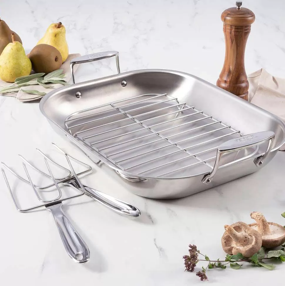 All-Clad Roasters<D3 Stainless 3-Ply Bonded Cookware, Large Flared Roaster With Rack And Two Turkey Forks