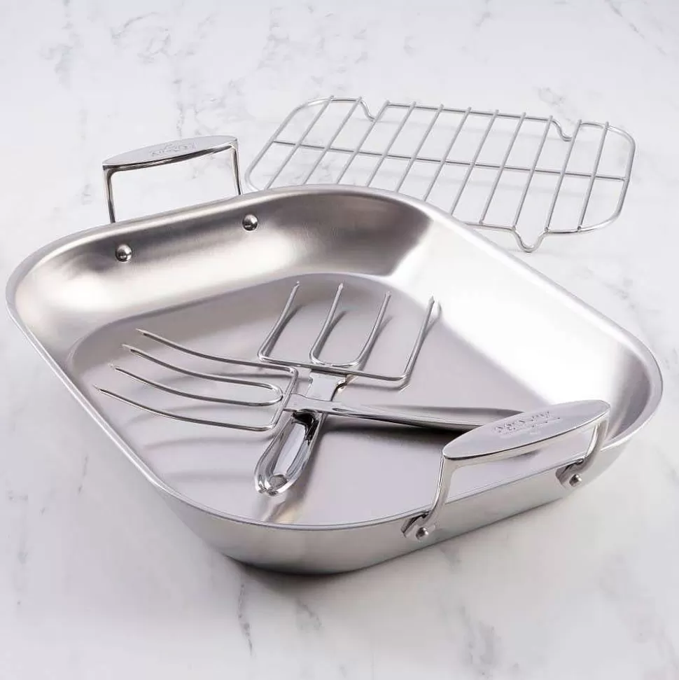 All-Clad Roasters<D3 Stainless 3-Ply Bonded Cookware, Large Flared Roaster With Rack And Two Turkey Forks