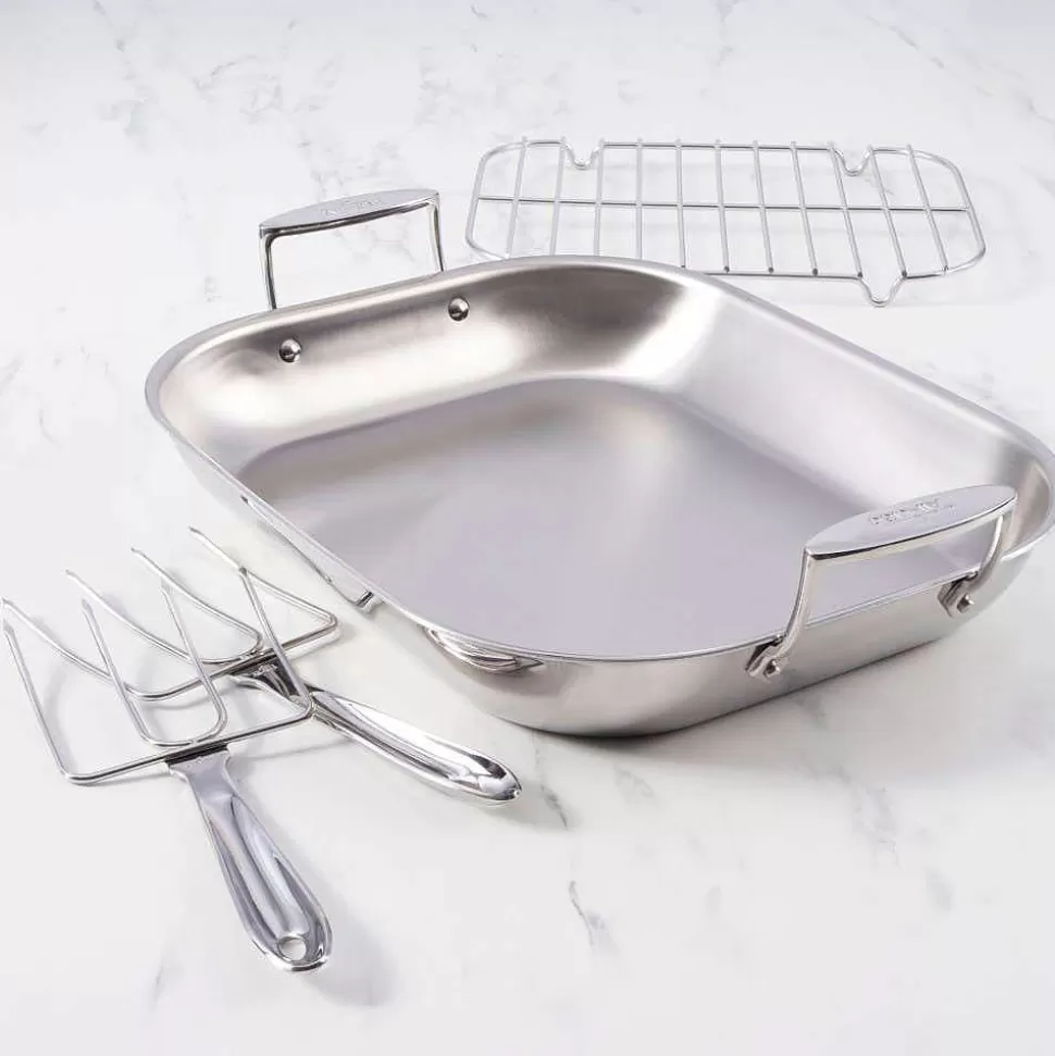 All-Clad Roasters<D3 Stainless 3-Ply Bonded Cookware, Large Flared Roaster With Rack And Two Turkey Forks