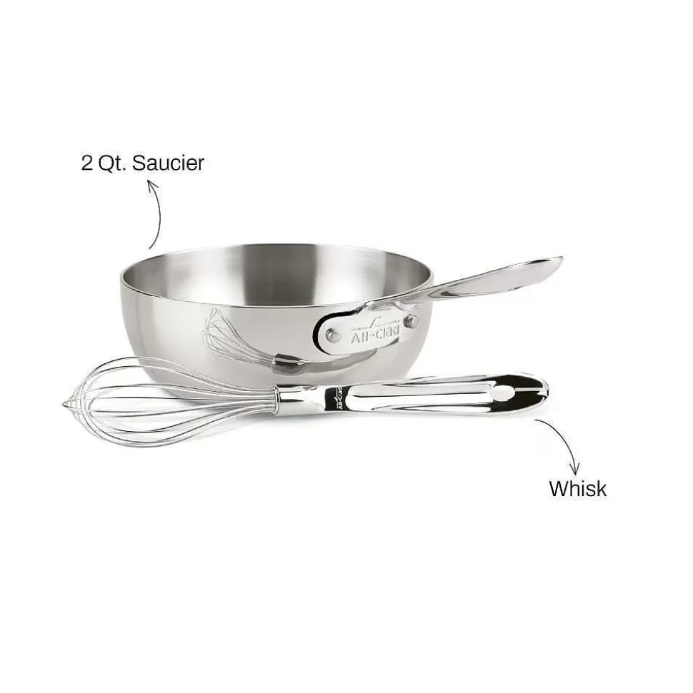 All-Clad Sauce Pans & Sauciers<D3 Stainless 3-Ply Bonded Cookware, Saucier With Whisk, 2 Quart