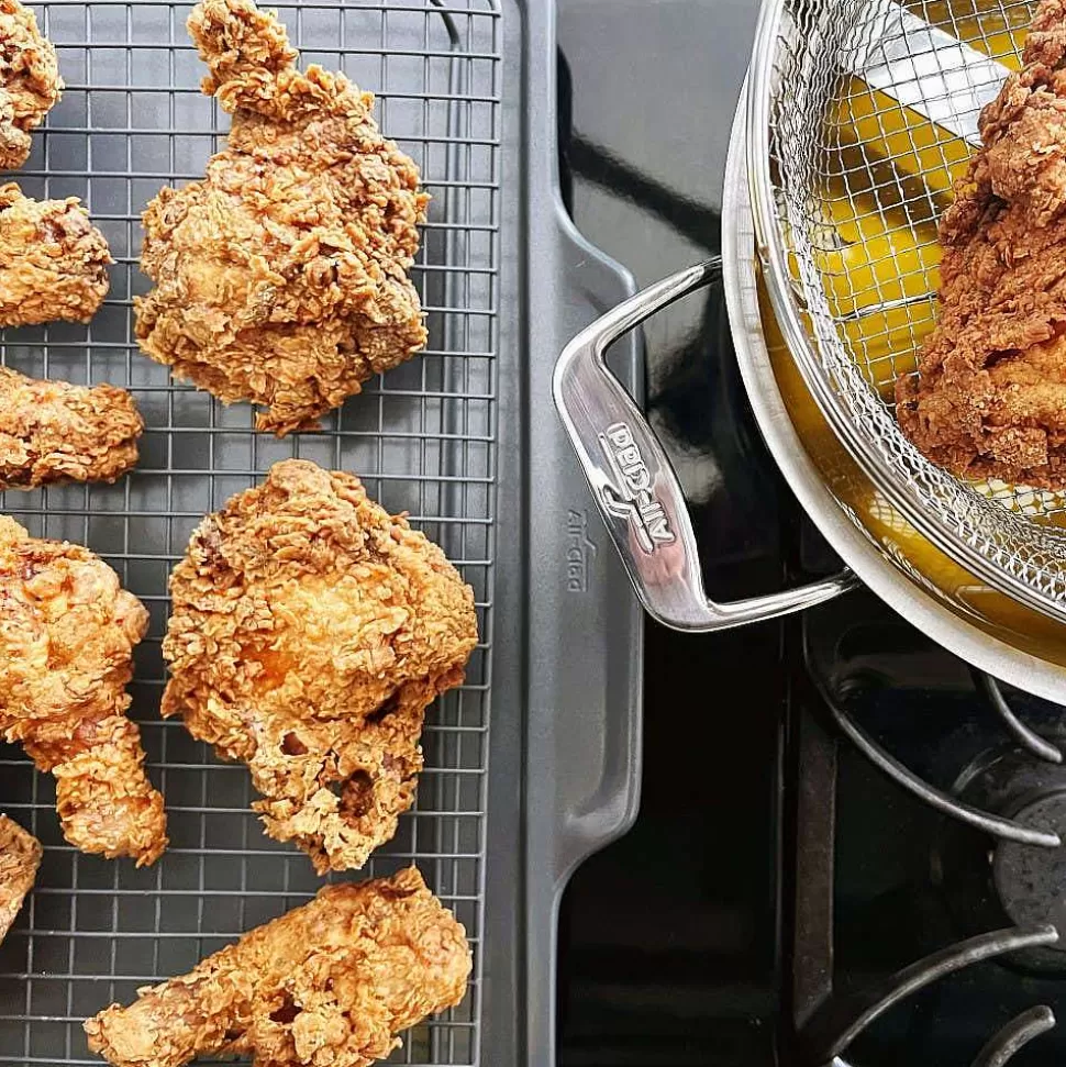 All-Clad Fry Pans & Skillets<D5 Stainless Polished 5-Ply Bonded Cookware, Deep Fryer Set With Lid And Basket, 6 Quart