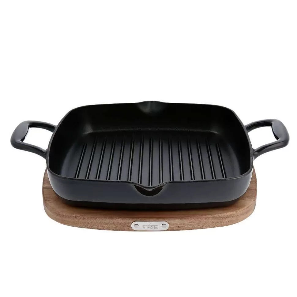 All-Clad Griddle & Grill Pans<Enameled Cast Iron, Grill Pan With Acacia Wood Trivet, 11 Inch