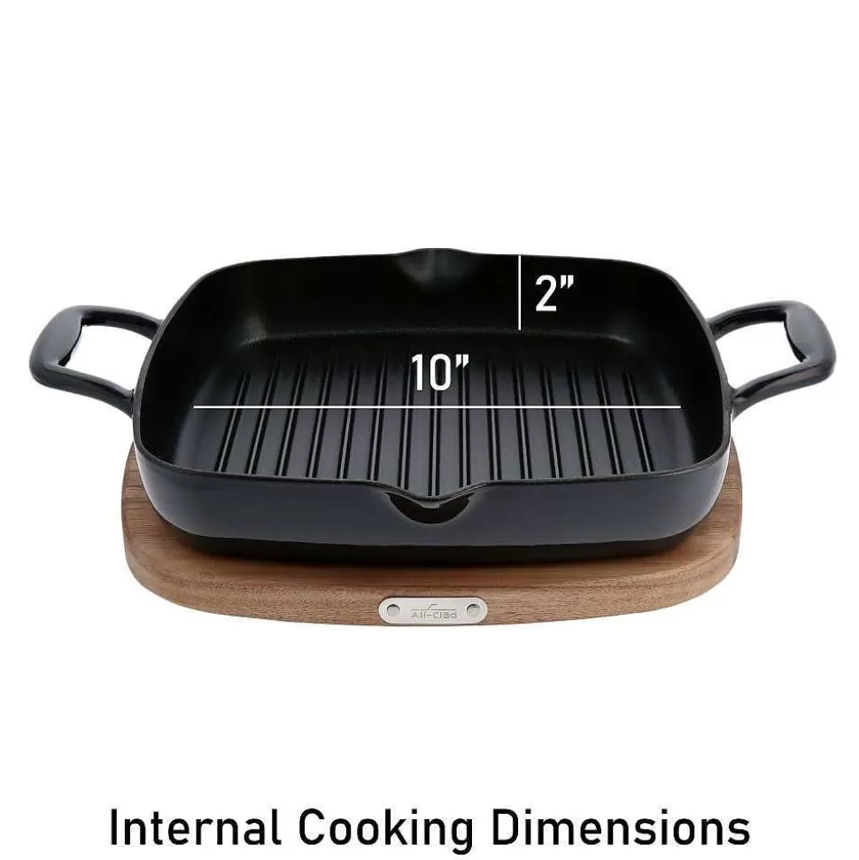 All-Clad Griddle & Grill Pans<Enameled Cast Iron, Grill Pan With Acacia Wood Trivet, 11 Inch