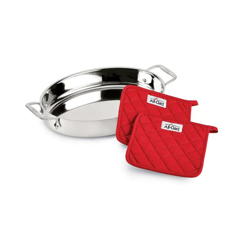 All-Clad Specialty Cookware<Gourmet Accessories, Stainless Steel Oval Baker With 2 Red Pot Holders, 15 Inch