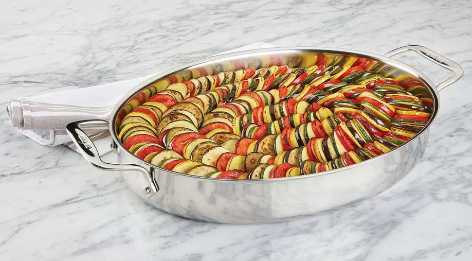 All-Clad Specialty Cookware<Gourmet Accessories, Stainless Steel Oval Baker With 2 Red Pot Holders, 15 Inch