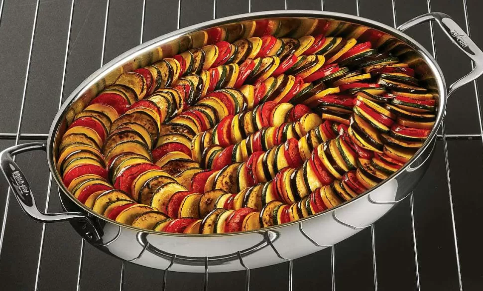 All-Clad Specialty Cookware<Gourmet Accessories, Stainless Steel Oval Baker With 2 Red Pot Holders, 15 Inch