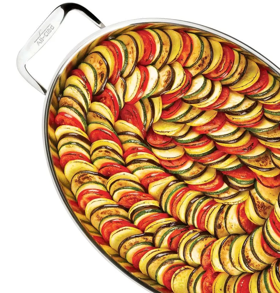 All-Clad Specialty Cookware<Gourmet Accessories, Stainless Steel Oval Baker With 2 Red Pot Holders, 15 Inch